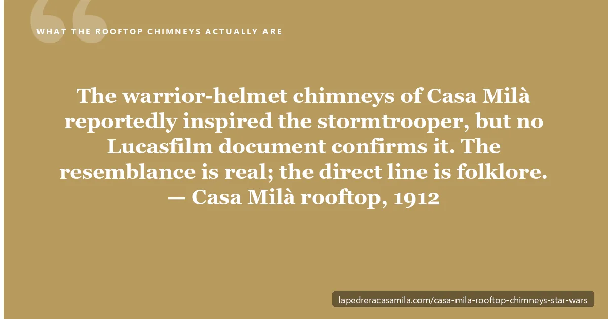 Pull-quote: the warrior-helmet chimneys of Casa Milà reportedly inspired the stormtrooper, but no Lucasfilm document confirms it